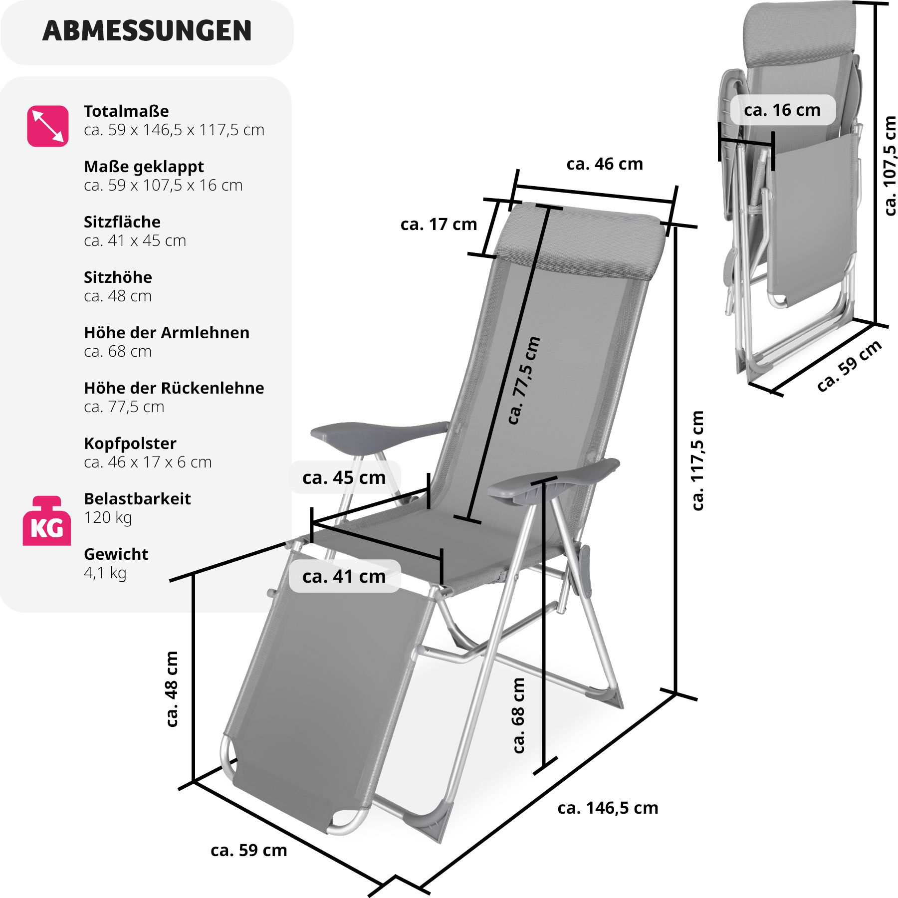 tectake® 2er Set Gartenstuhl, klappbar, 5-fach verstellbare Rückenlehne mit Kopfpolster, bewegliches Fußteil, 146,5 x 59 x 117,5 cm