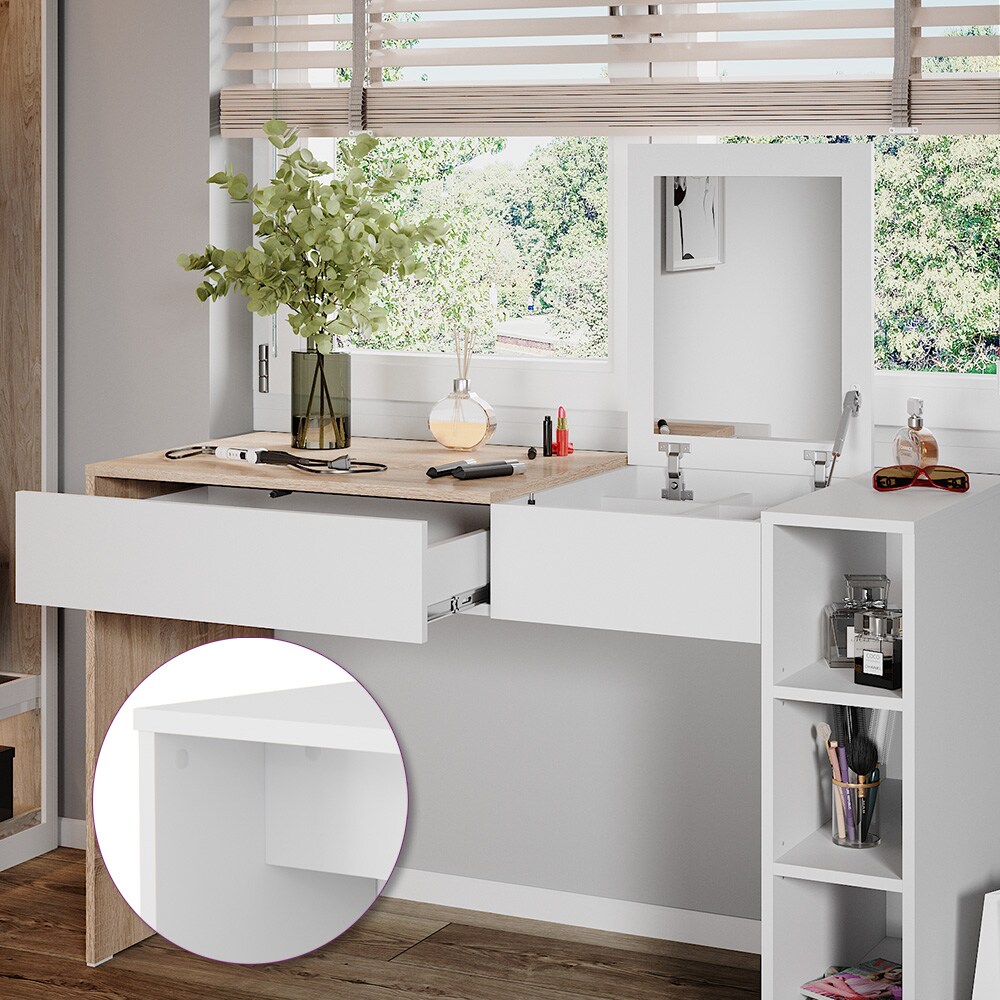 Vicco Schminktisch Kira, 129 x 76 cm, Weiß Sonoma, Frisiertisch, Spiegel, Bank, modern