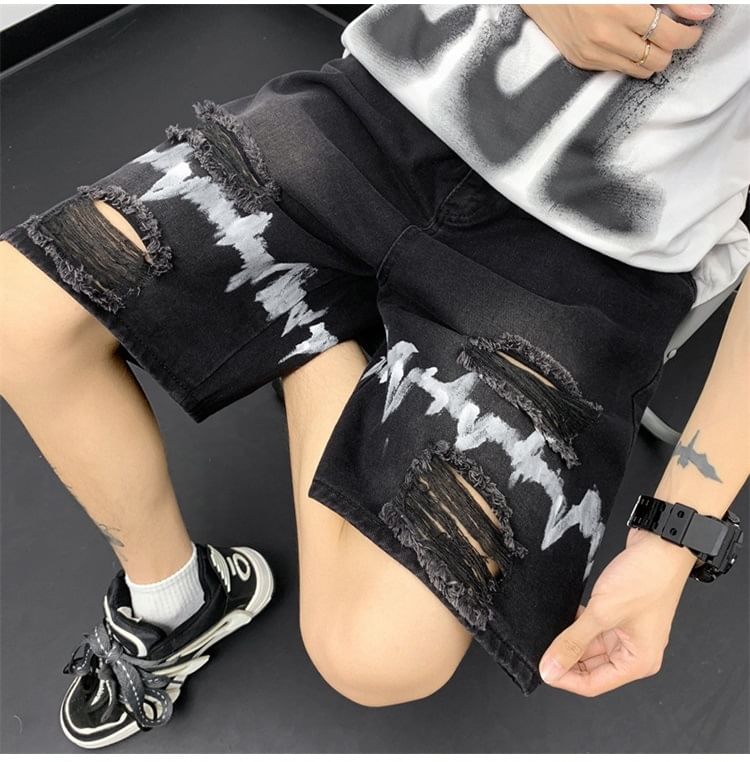 Hushgrain - Mid Rise Print Distressed Washed Denim Shorts