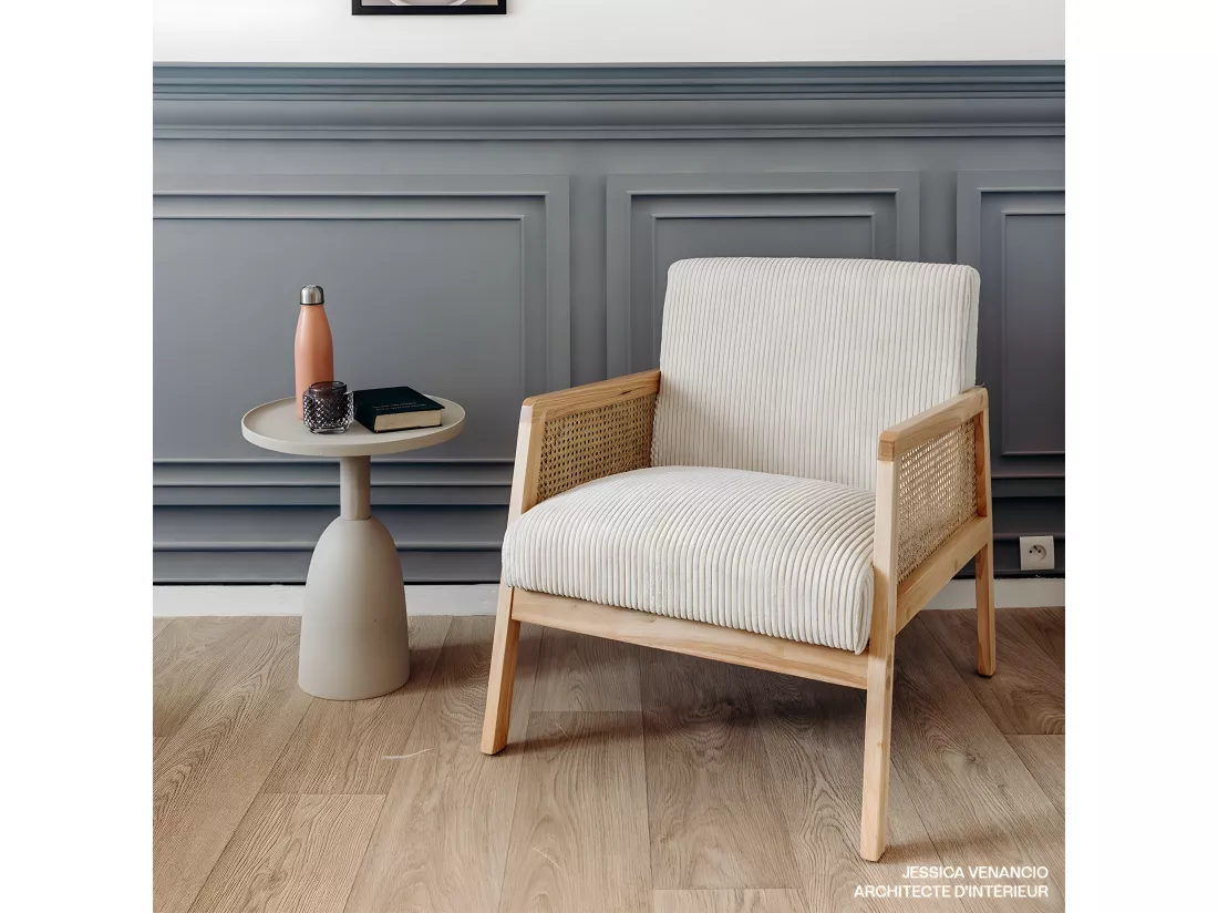 Fauteuil en cannage et velours côtelé beige - Mani