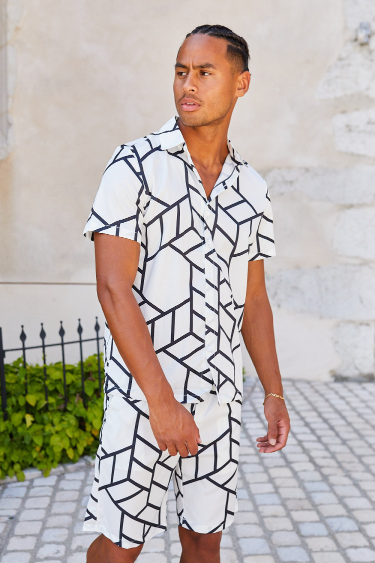 Ensemble 2 pièces chemise + short blanc à motif géométrique