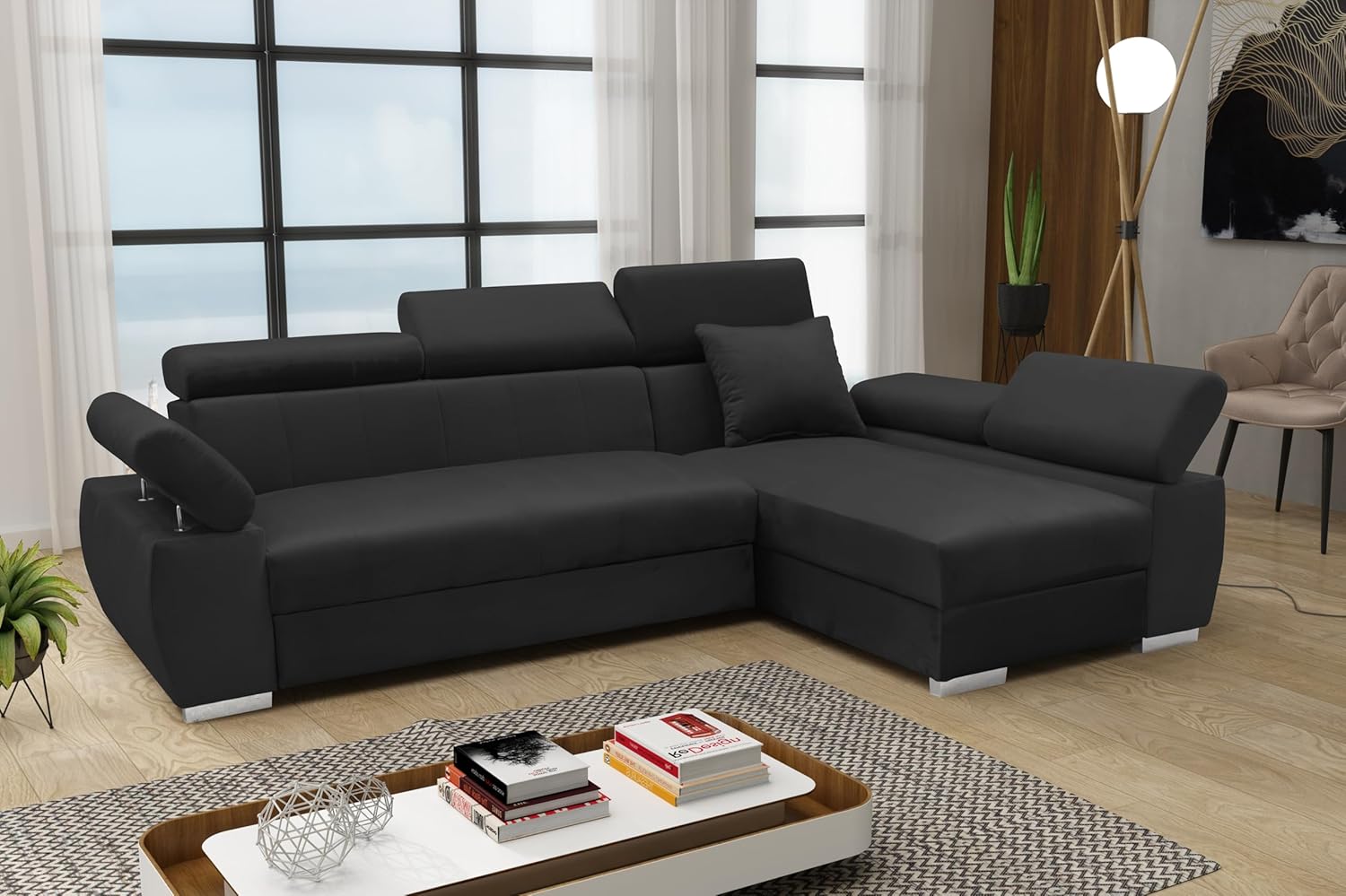Ecksofa OTTO, Eckcouch mit Schlaffunktion, Federkern, Verstellbare Kopfstützen, Einfacher Klappmechanismus, Bettfunktion, Zusätzlicher Stauraum, Plüsch Anthrazit, Rechts