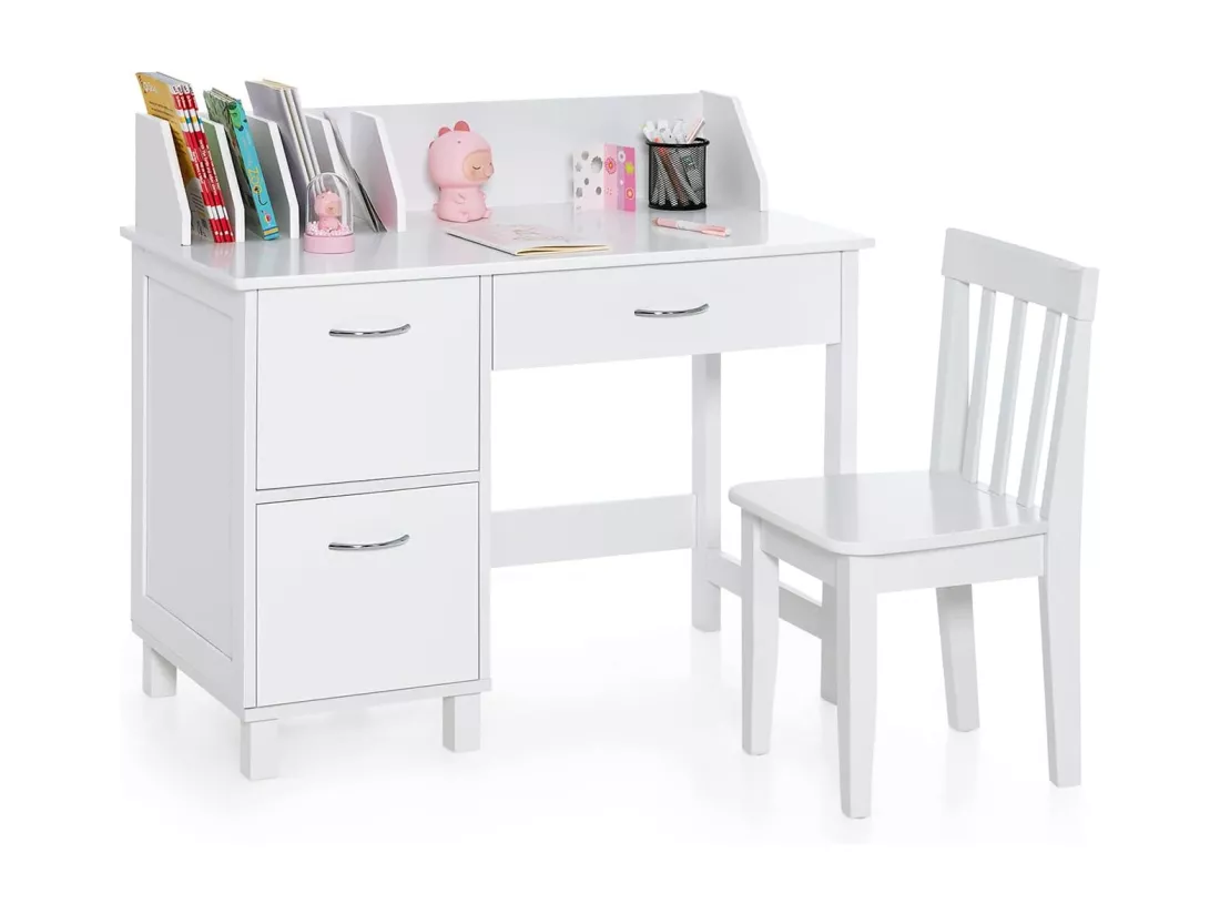 Bureau Enfants avec Chaise Ergonomique & Niches, Table d'Étude en Bois avec 2 Placards & Tiroir, Dispositif Anti-Basculement, Table Multifonctionnelle pour Dessiner Lire, 90x46x81cm, Blanc