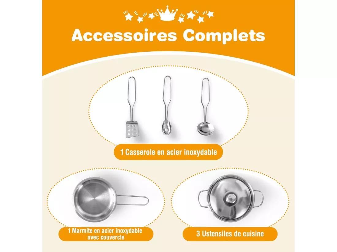 Cuisine d’Angle Enfants avec Réfrigérateur Séparé, Cuisinière de Jeu en Bois avec Distributeur d'eau, Evier, Hotte et Ustensiles, Jouet d’Imitation pour Tout-Petits de 3 Ans+