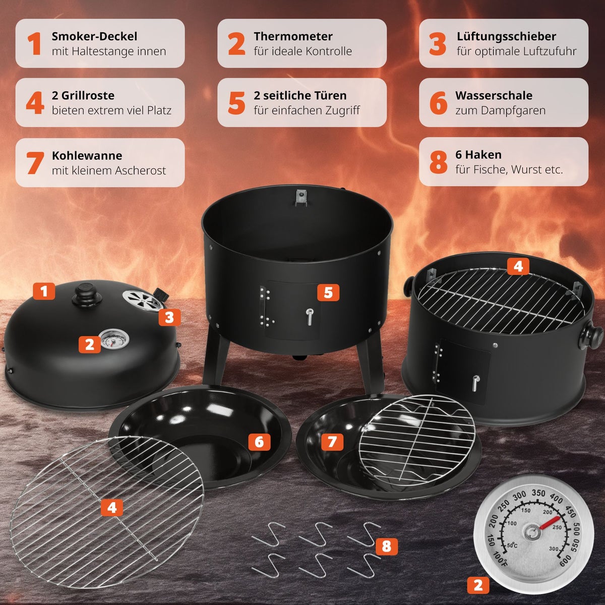Rookoven tectake 3 in 1, voor grillen, roken, koken Ø 41 cm