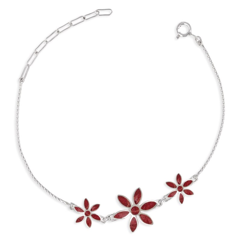 Bracelet ADEN réglable Corail 3 fleurs Argent massif 925 millième