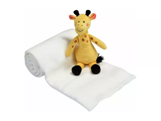Doudou girafe avec plaid tout doux - Blanc et jaune - 100 x 80 cm - Gamme Savane