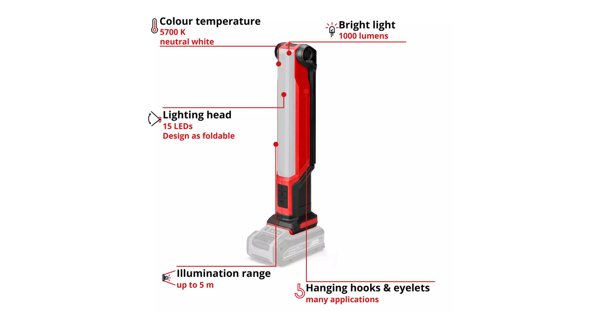 EINHELLTE-CL 18/1000 S Li - Solo Accu Werklamp  (Rood/zwart, Accu en oplader niet inbegrepen)