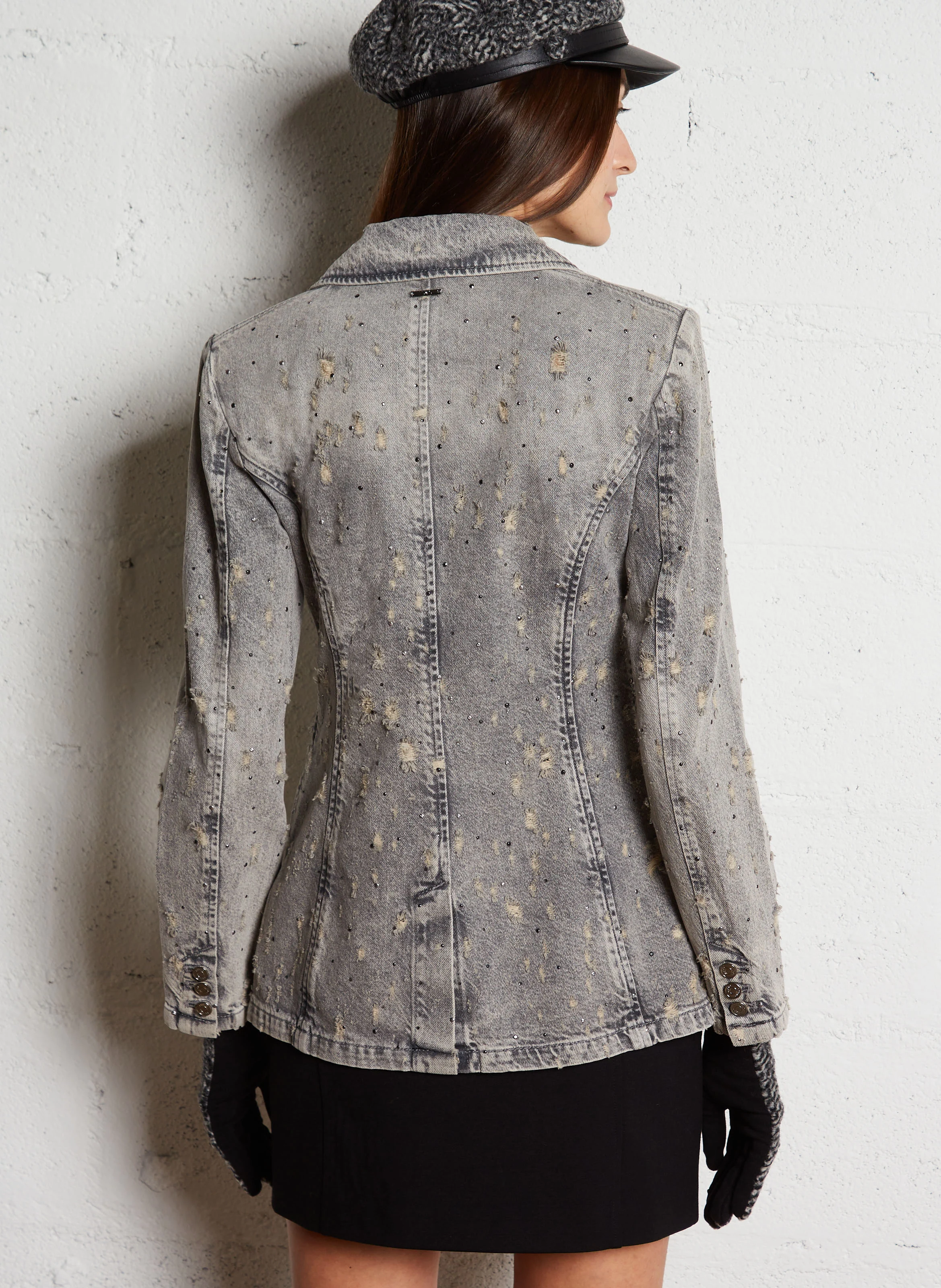 Veste en jean cintrée col tailleur en coton | Gris