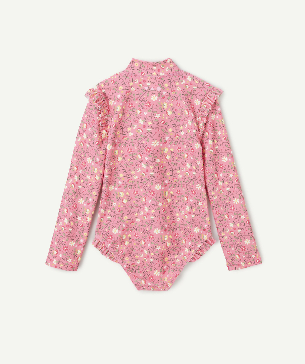 COMBINAISON ANTI-UV FILLE EN FIBRES RECYCLÉES ROSE AVEC IMPRIMÉ FLEURS