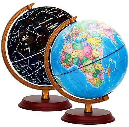 EXERZ - Wereldbol - 20 cm - Houten Voet - Politieke Kaart - Verlicht met LED-lamp