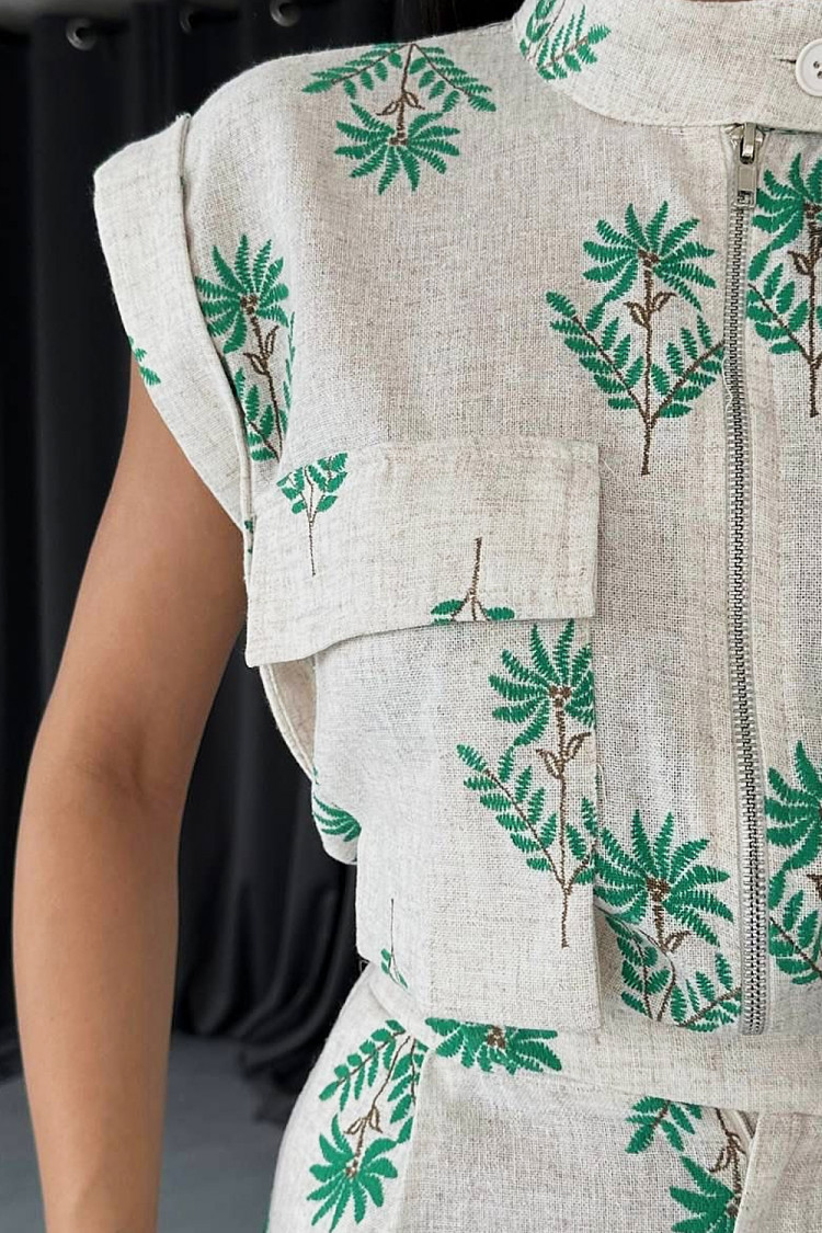 Combishort en lin beige à motif fleuri vert
