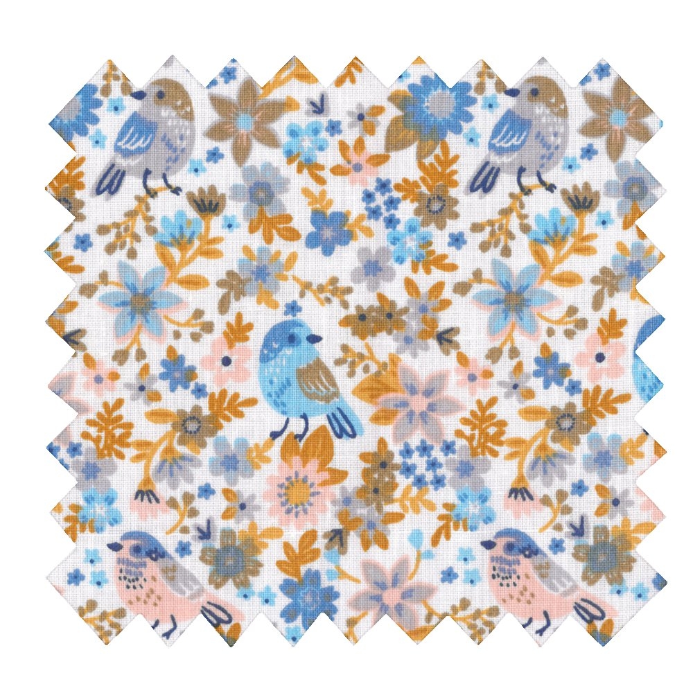 Tissu Coton Au Mètre Ex2357 Oiseau Fleuri Bleu