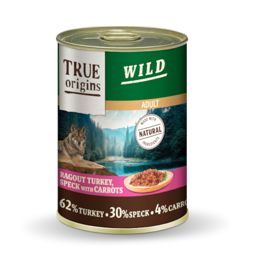 Lata de 400g de True Origins Wild Adult Turkey Dice com Speck e Cenouras para cães