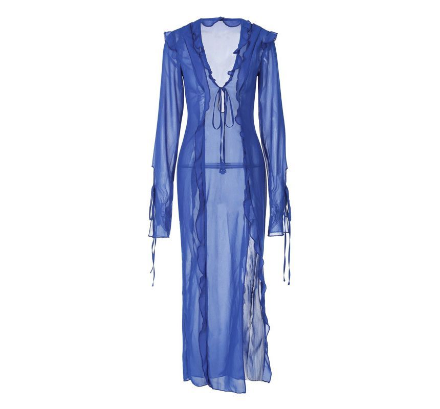 Ragom - Maxi-jurk met lange mouwen, ruches en split, doorschijnend en bodycon
