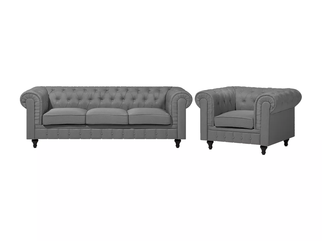 Ensemble canapé et fauteuil en tissu gris 4 placesCHESTERFIELD Big