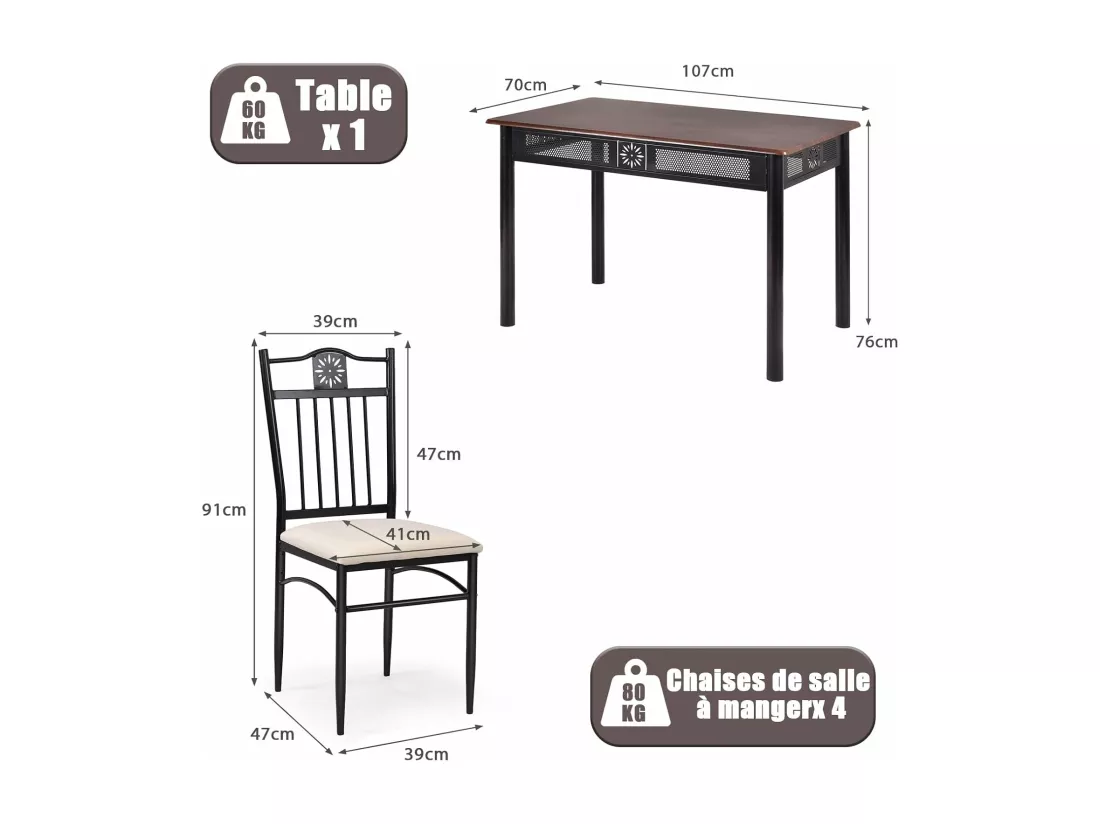 Table à Manger avec 4 Chaises, Ensemble Table et 4 Chaises Rembourrées, Cadre en Métal, Table Cuisine Rectangulaire 107x70cm pour Salle à Manger, Cuisine, Salon (Purple)