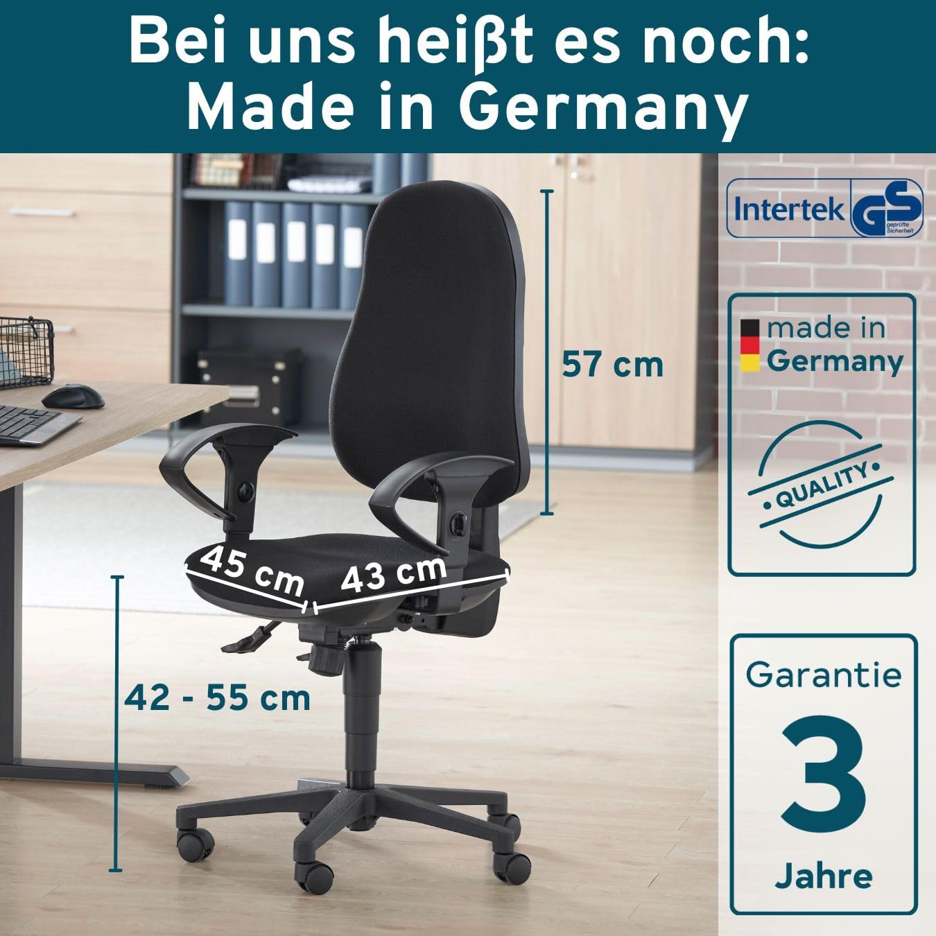 SCHÄFER SHOP Bürostuhl mit Armlehnen, Arbeitsstuhl, ergonomischer Schreibtischstuhl, schwarz, Drehstuhl mit Rollen, Office/Desk/Gaming Chair, 110 kg belastbar, fürs Arbeitszimmer, Homeoffice