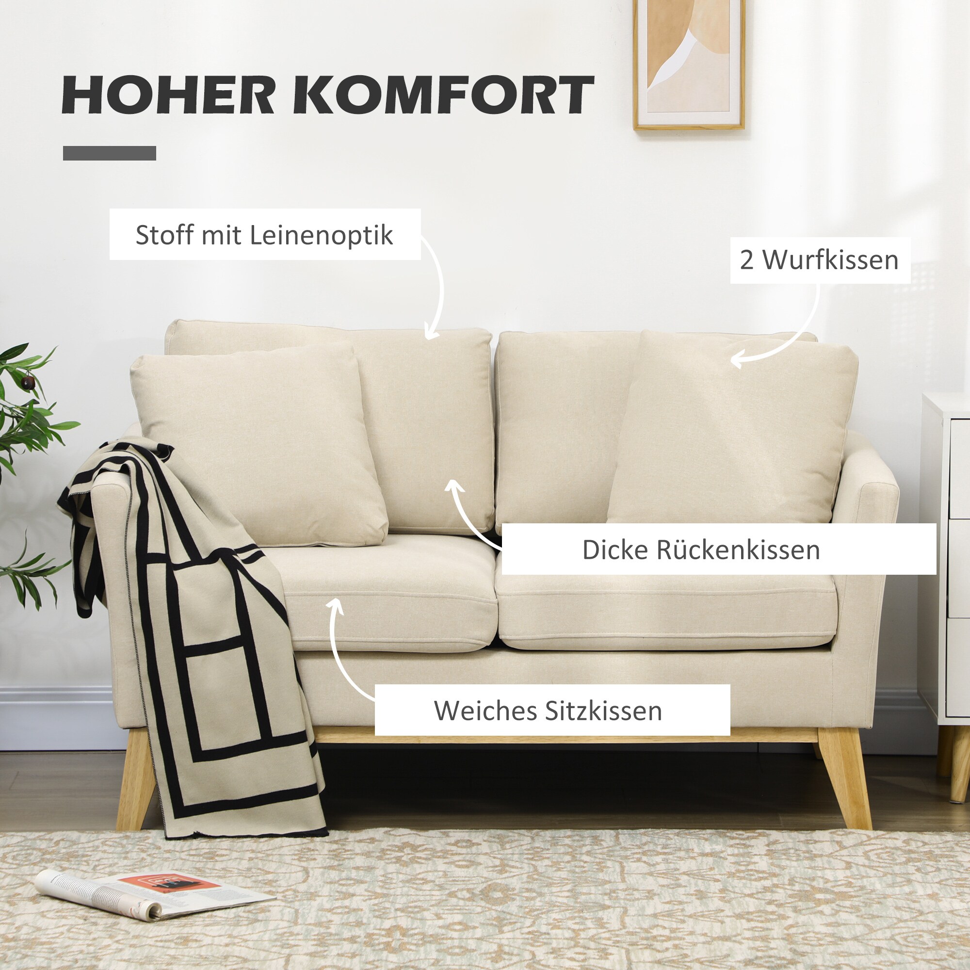 HOMCOM 2-Sitzer-Sofa mit Kissen beige 137L x 78B x 78H cm