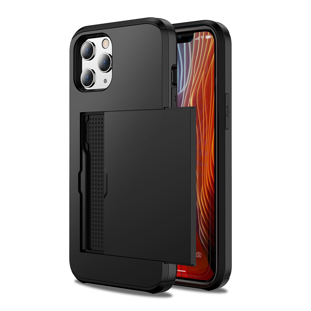 iPhone 12 / iPhone 12 Pro Hybrid Hardcase Hülle mit integriertem Karten Portemonnaie (aufschiebbar) - Schwarz