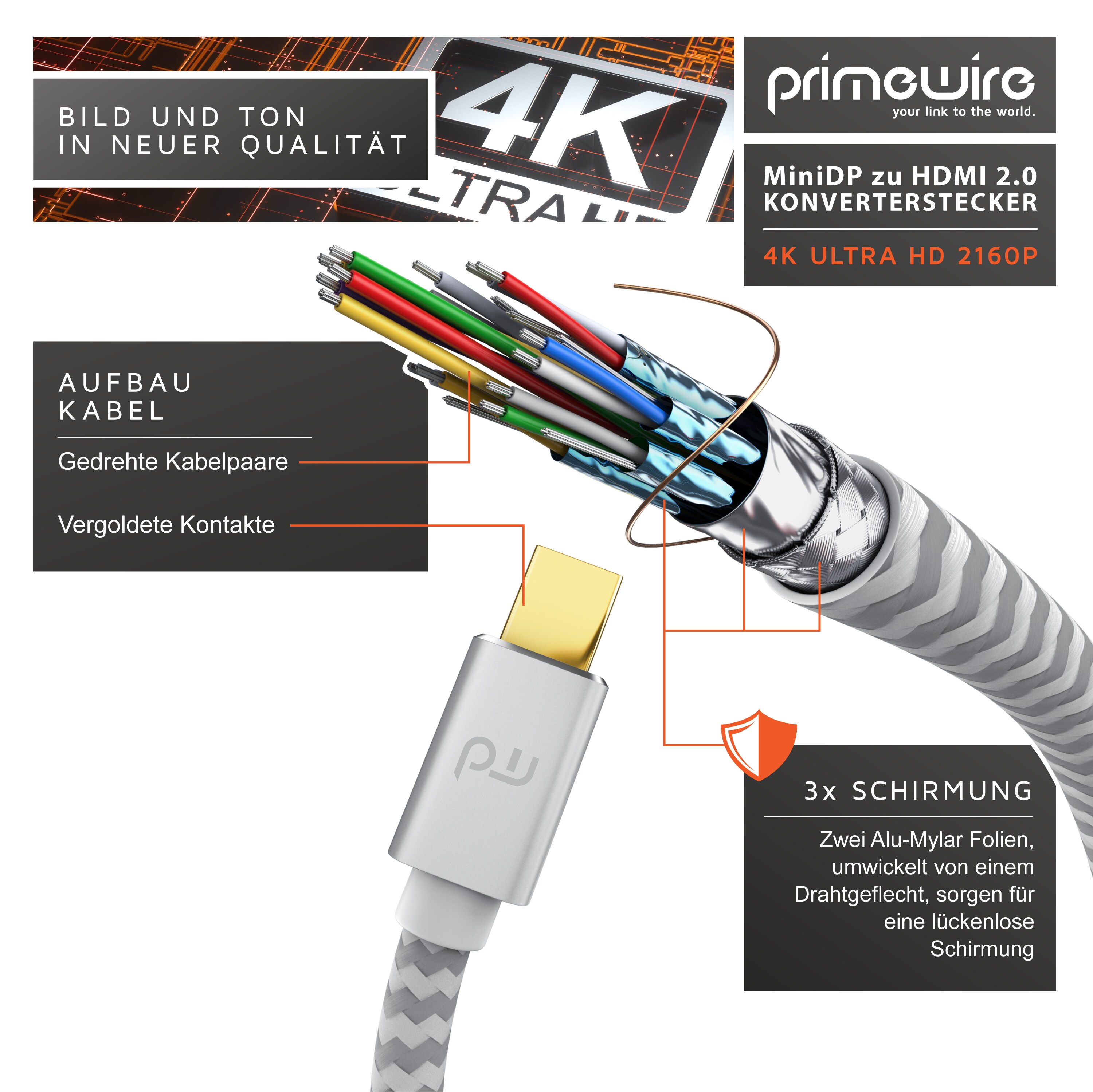Primewire 4k Mini Displayport zu Hdmi 2.0 Adapter - mini DP Kabel - 4k@60Hz - Thunderbolt 1 - 2 - Audio und Video