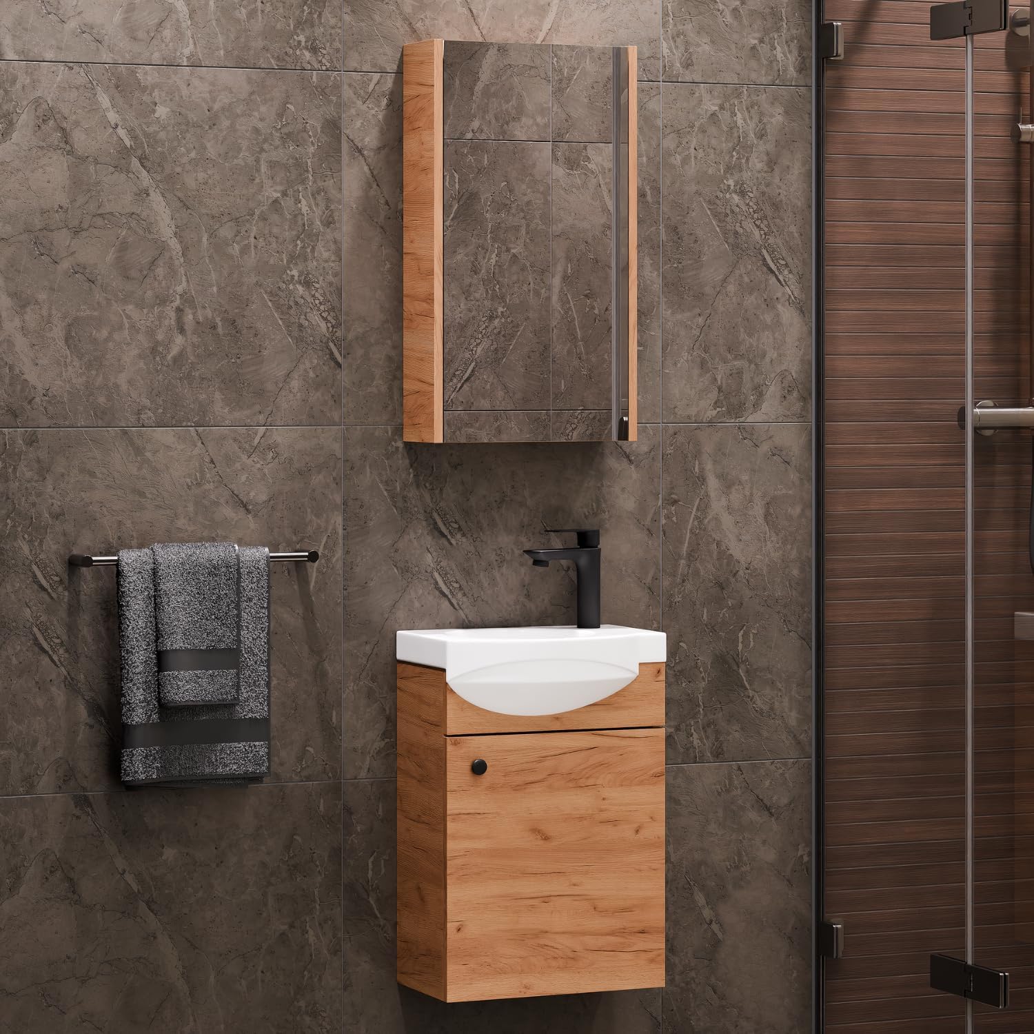 Planetmöbel Badmöbel Set Waschtisch mit Unterschrank 40 x 60 x 29 cm mit Spiegelschrank 40 cm für Badezimmer, Gäste WC & Bad, Gold Eiche