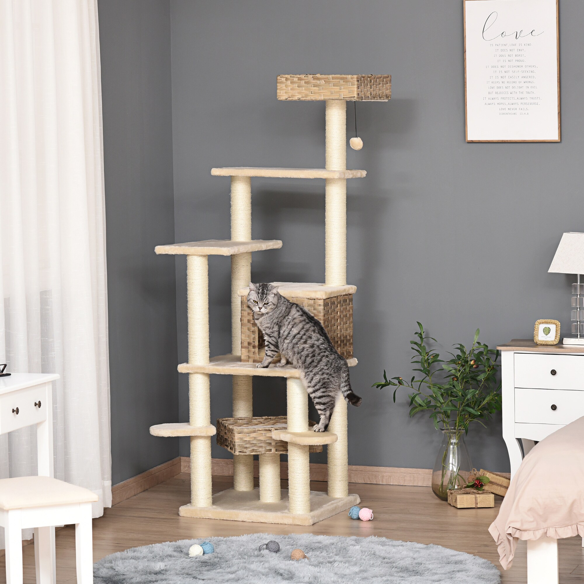 PawHut Kratzbaum mehrstöckig beige, braun 55 x 55 x 174 cm