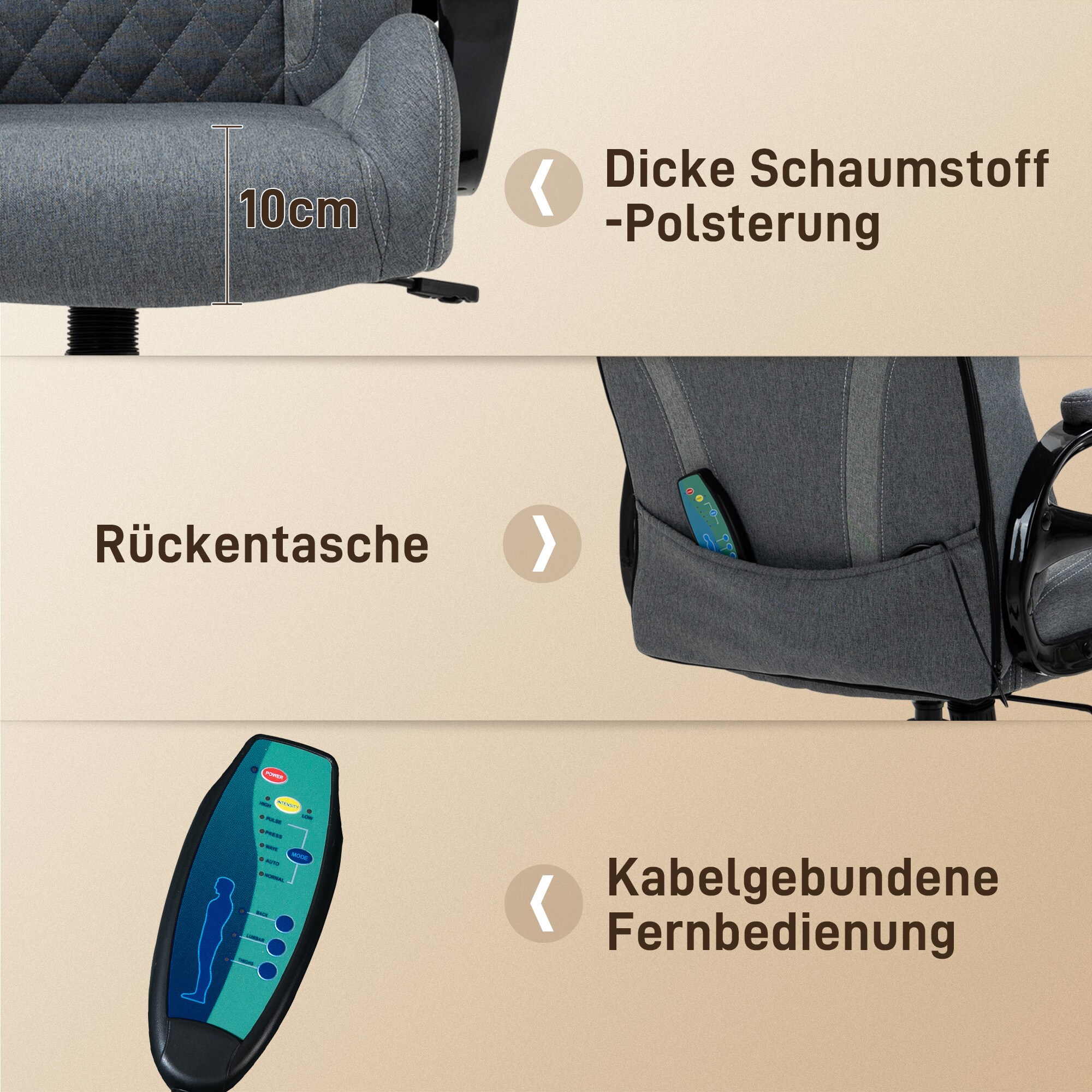 Vinsetto Bürostuhl mit Massagefunktion grau 64 x 68,5 x 116,5-124 cm (BxTxH)