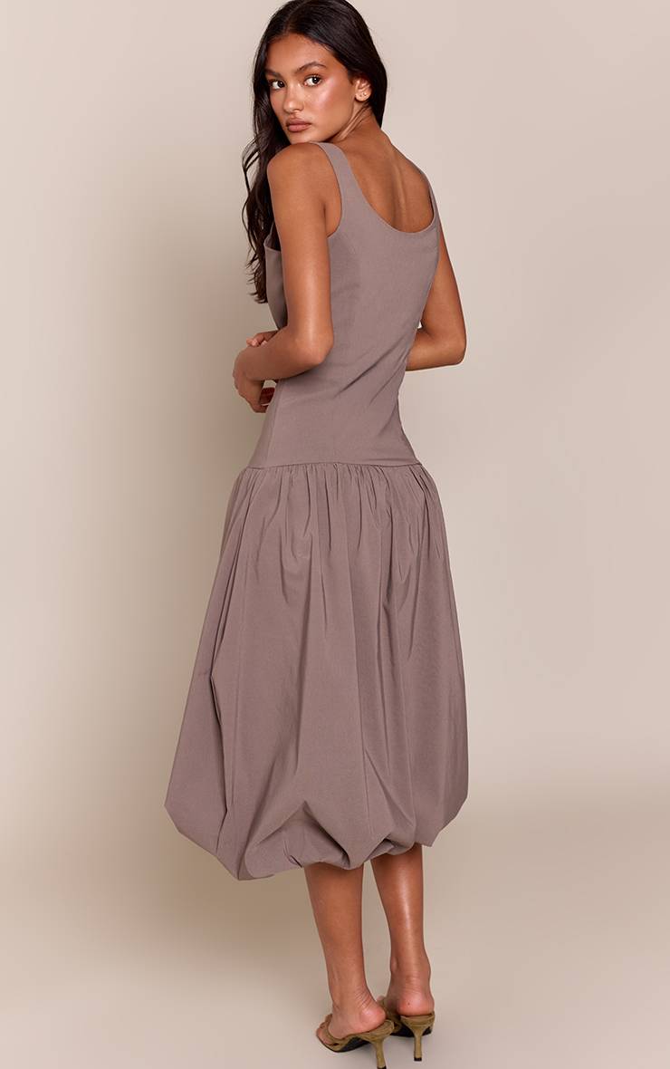 Taupe Robe Midi Tissée Stretch À Taille Basse Et Ourlet Ballon