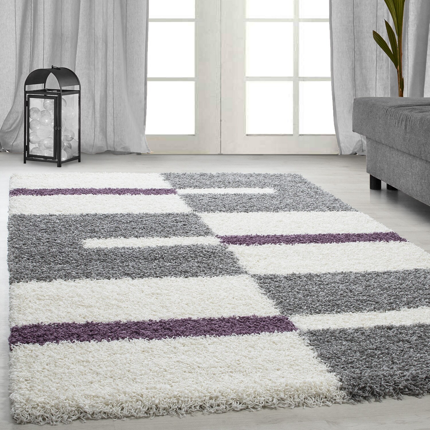 Designer Hochflor Teppich mit Karo- und Linienmuster, Flauschiger Langflor