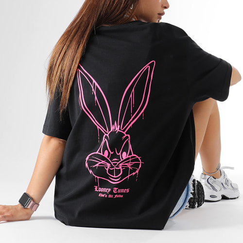 Tee Shirt Oversize Large Femme Angry Bugs Bunny Noir Rose Fluo
