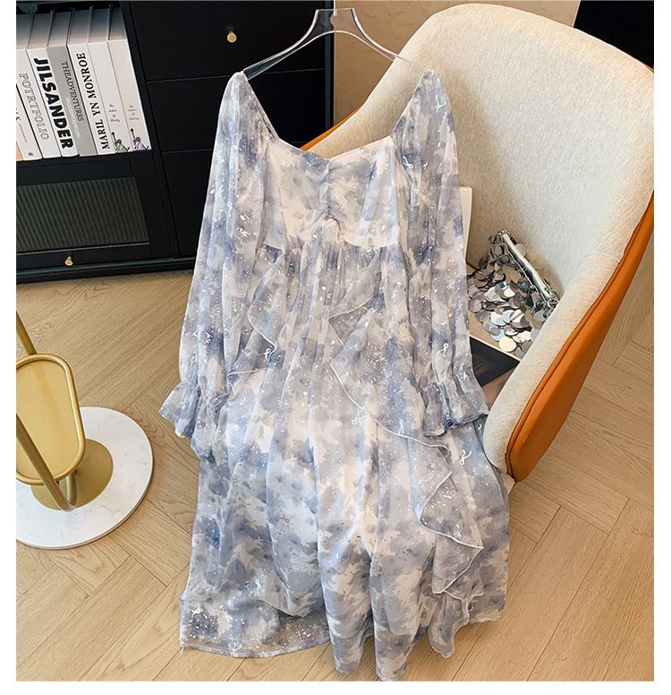 Krezol - Plus Size Spaghettibandjes Geprinte Ruffle Midi A-lijn Jurk / Effen Open Voorkant Cardigan / Set