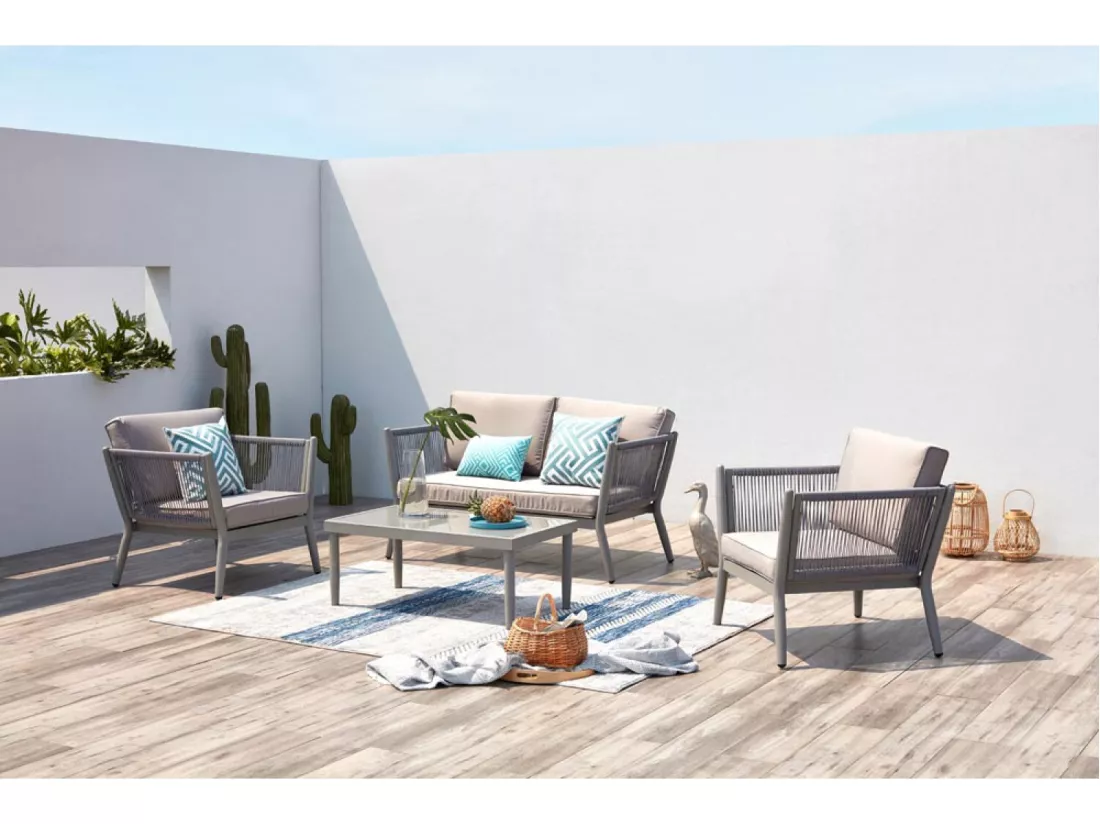 Salon jardin 4 places en alu et corde gris clair ANAHMA