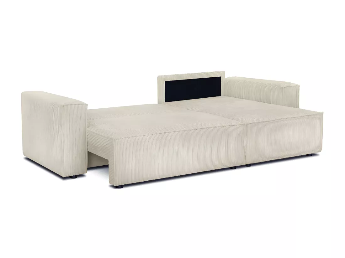 Canapé d'angle convertible réversible 4 places avec coffre de rangement en velours côtelé beige - Livia