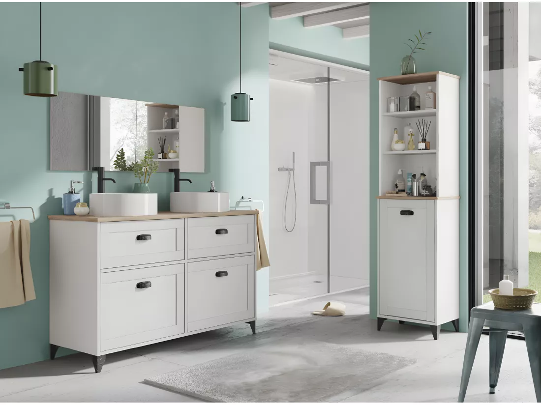 Meuble vasque pour salle de bain coloris blanc, chêne cambrian - L. 120 x L. 47 x H. 92 cm