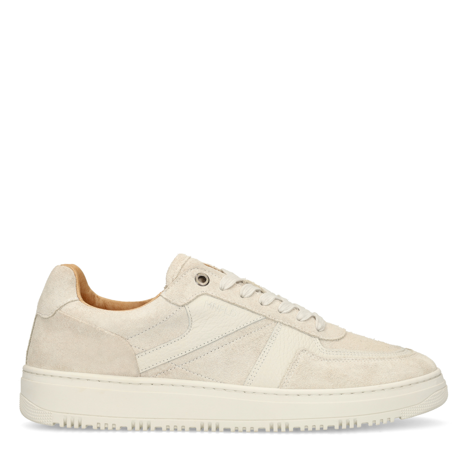 Lichtgrijze suède sneakers met leren details