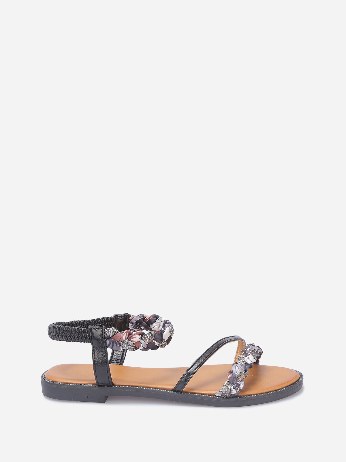 Nu-pieds à bride fleuri et strass- Noir