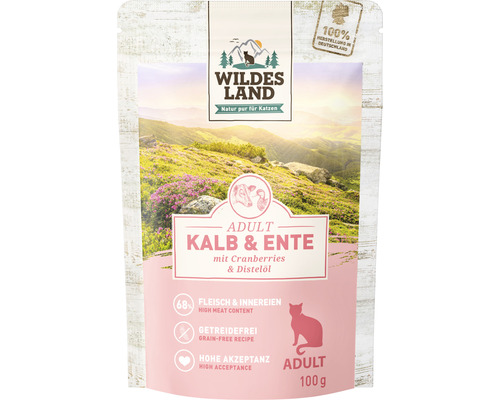 WILDES LAND natvoer voor katten, kalf en eend met veenbessen, met waardevolle superfoods, graanvrij, glutenvrij, 100 g