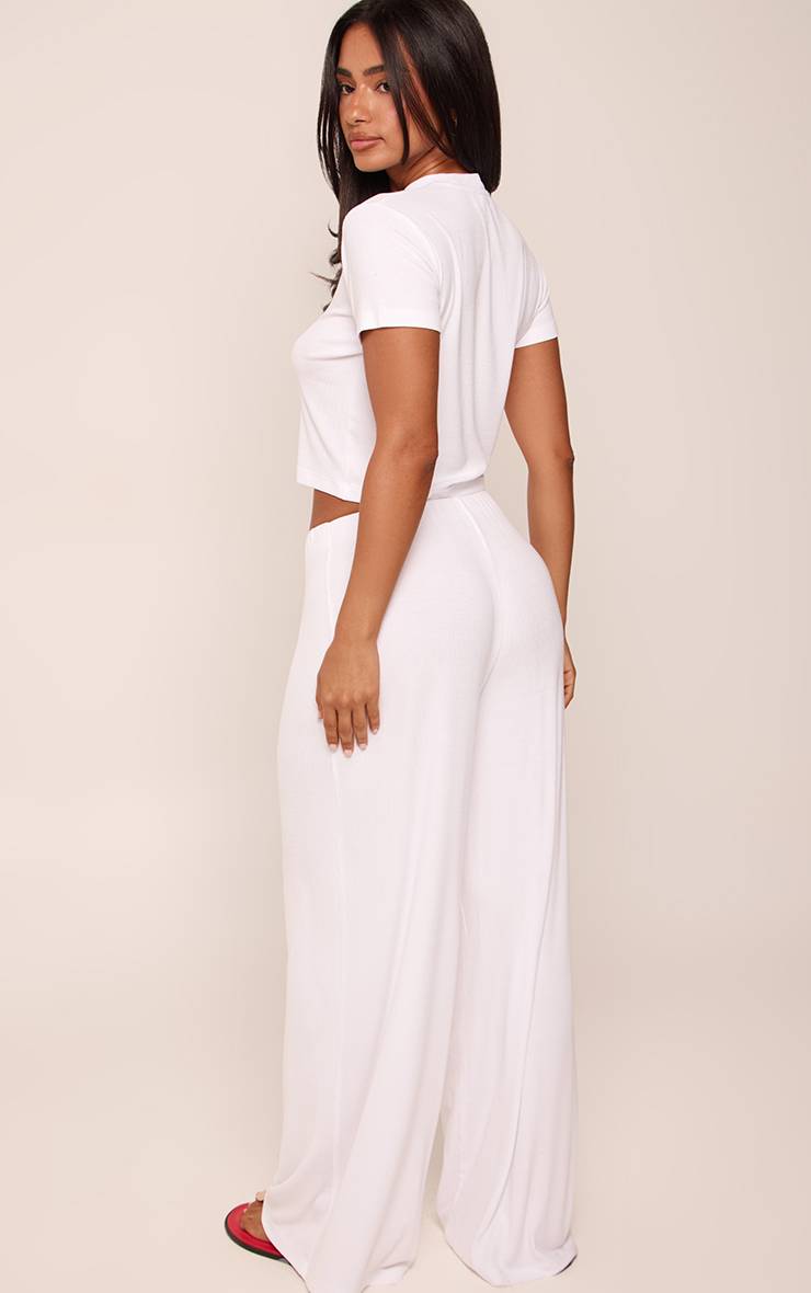 Blanc Pantalon Large Côtelé Taille Mi-haute Modal Petite