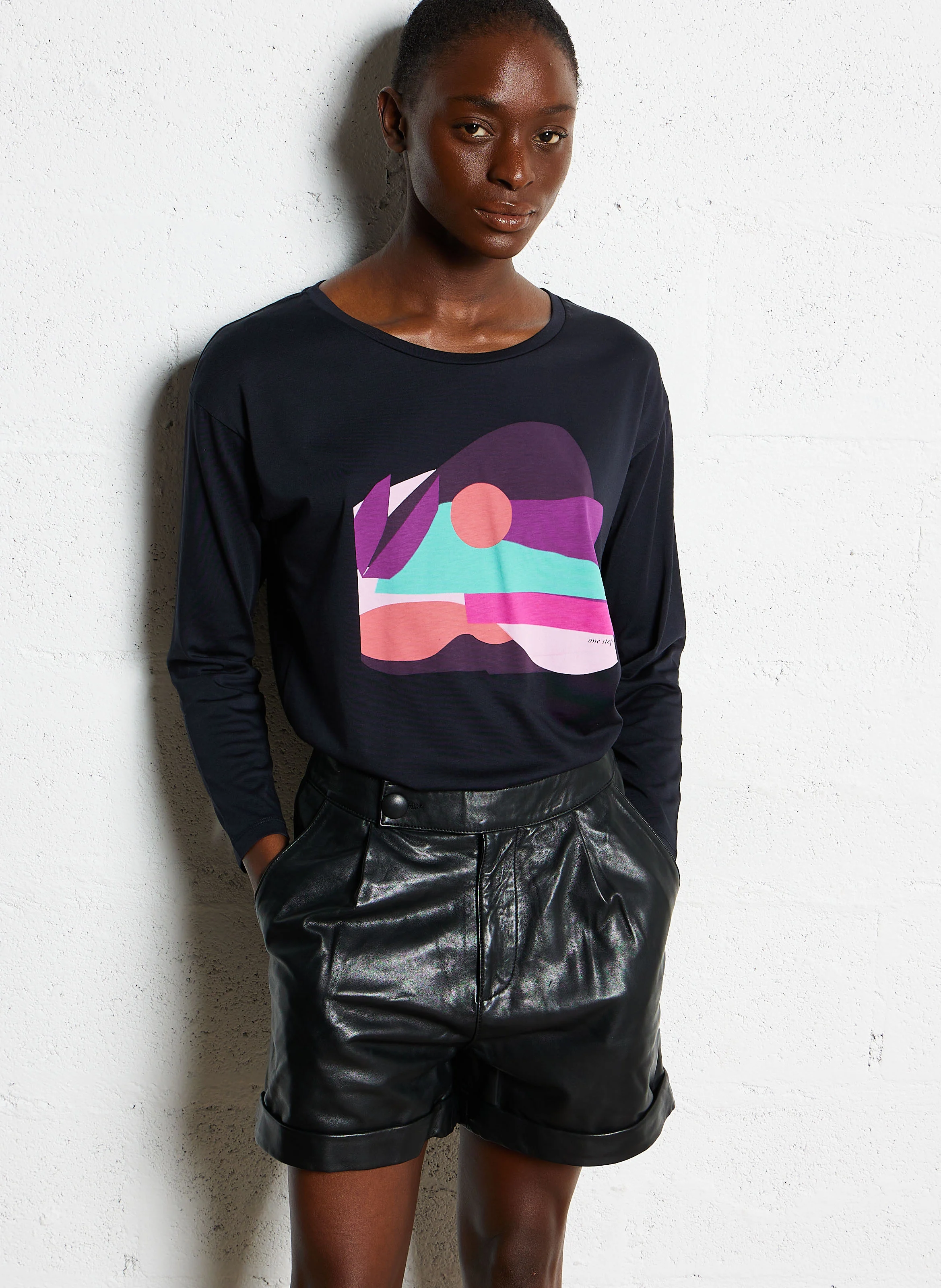 MEZZO - Tee-shirt droit col rond en coton mélangé | Bleu