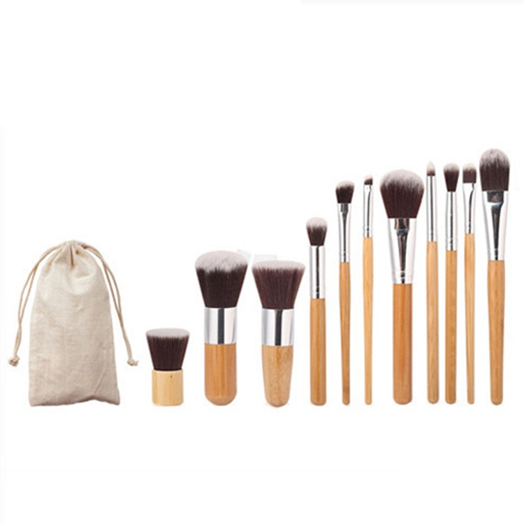 (11-tlg. Set) Bambus Beauty Make Up Puder Pinsel Set mit Aufbewahrungstasche - Braun