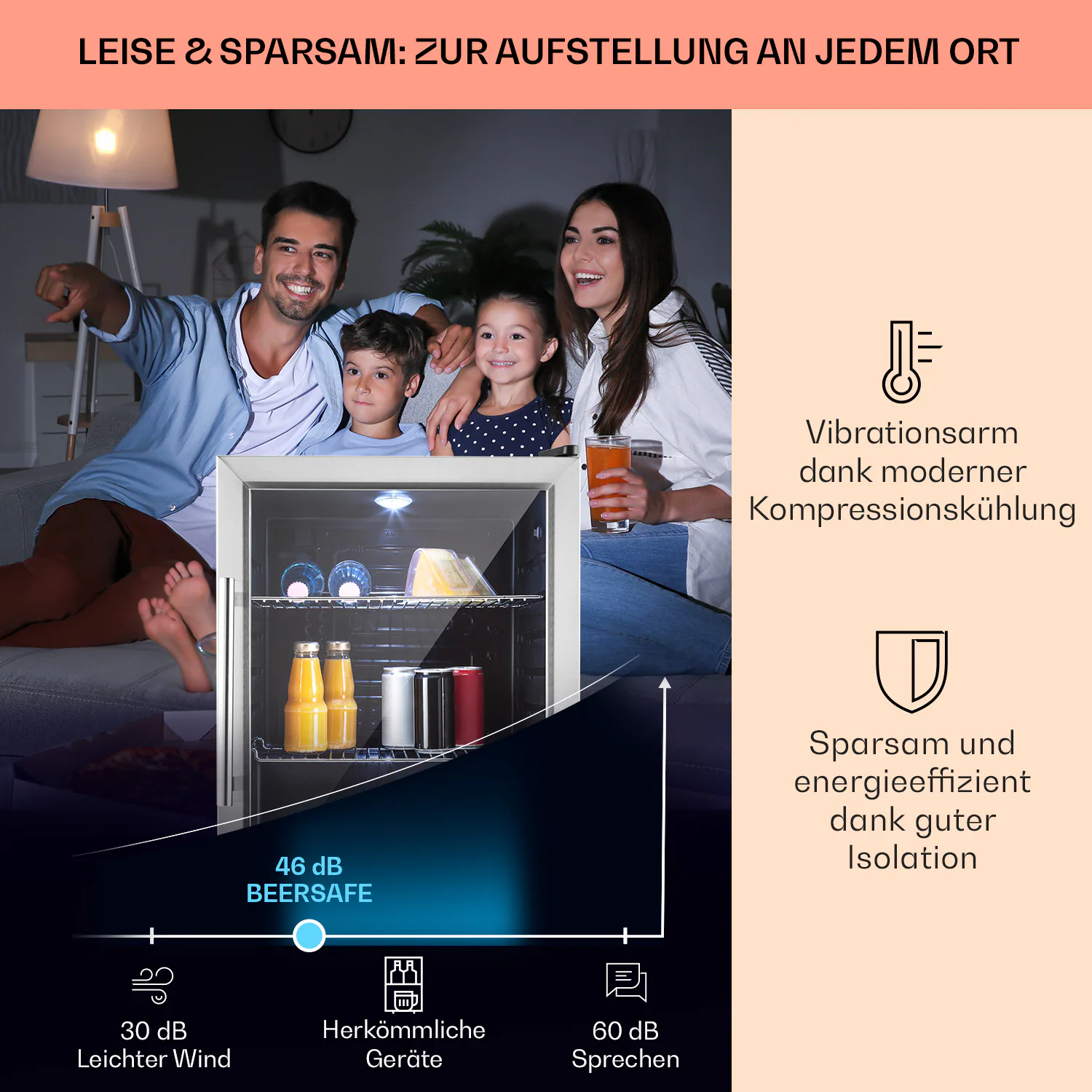 Beersafe XL Kühlschrank 60 Liter 2 Böden Panoramaglastür Edelstahl Silber 60 Liter