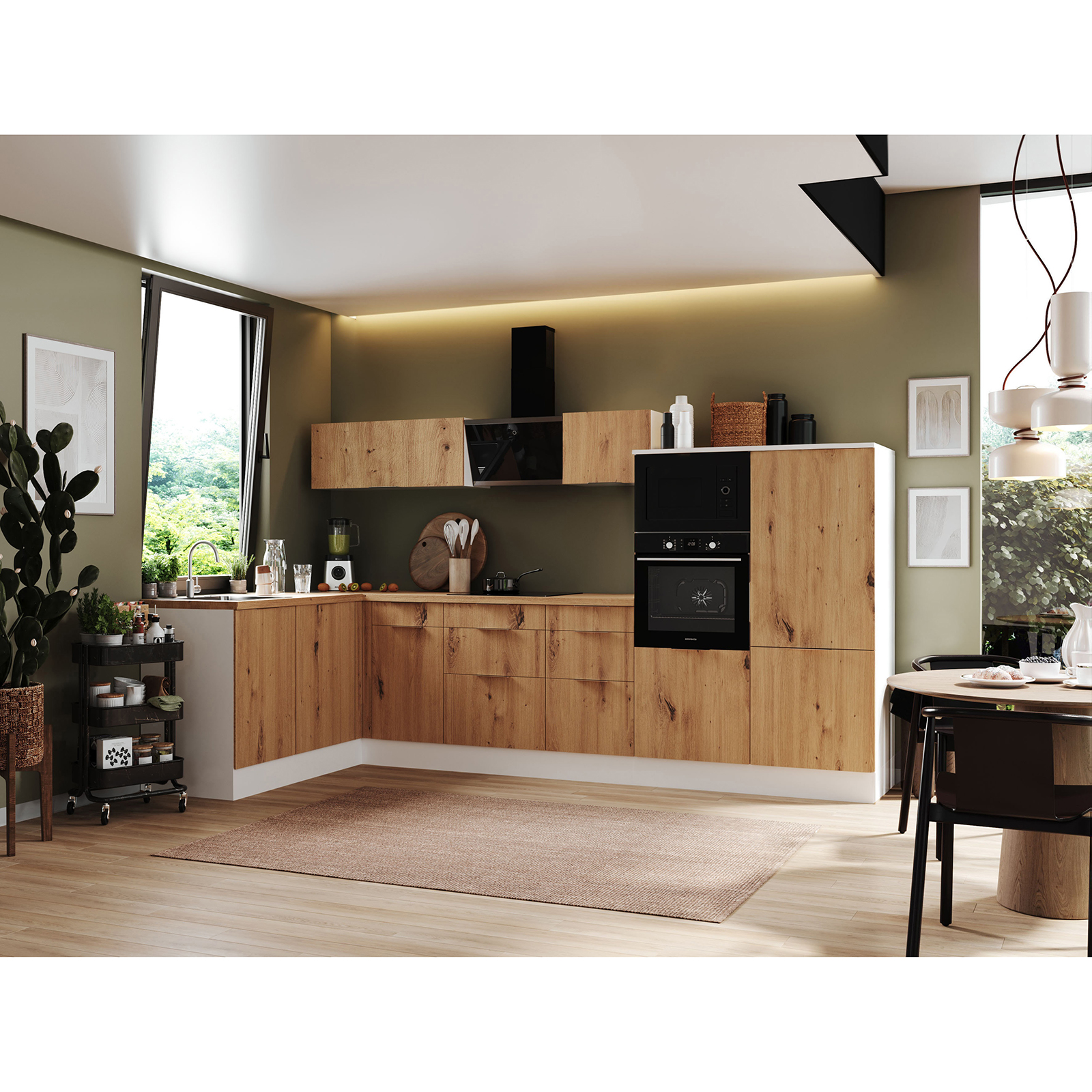 RESPEKTA Winkelküche - Artisan Eiche - weiß matt - mit E-Geräten - 340x175 cm