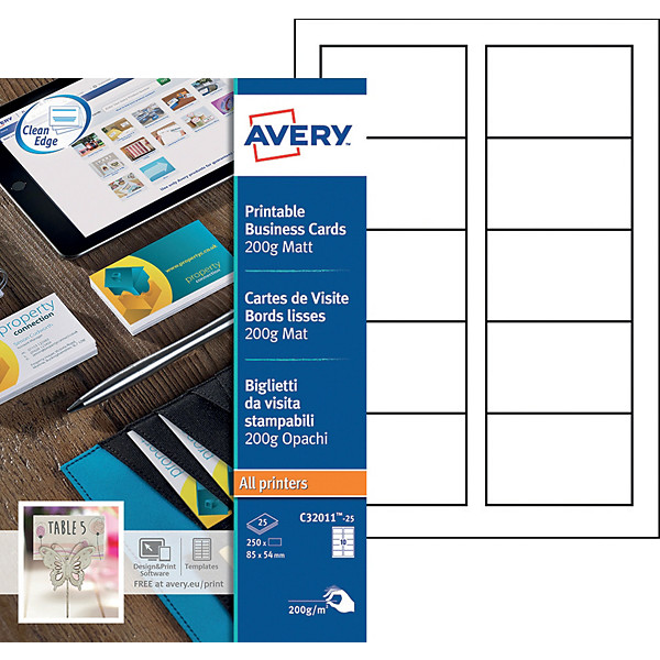 Avery C32011-25 - Cartes de visite blanches à bords lisses 85 x 54 mm - Impression laser, jet d'encre, copieur