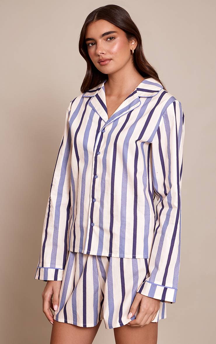 Bleu Ensemble Pyjama Haut À Manches Longues Et Short En Popeline À Rayures