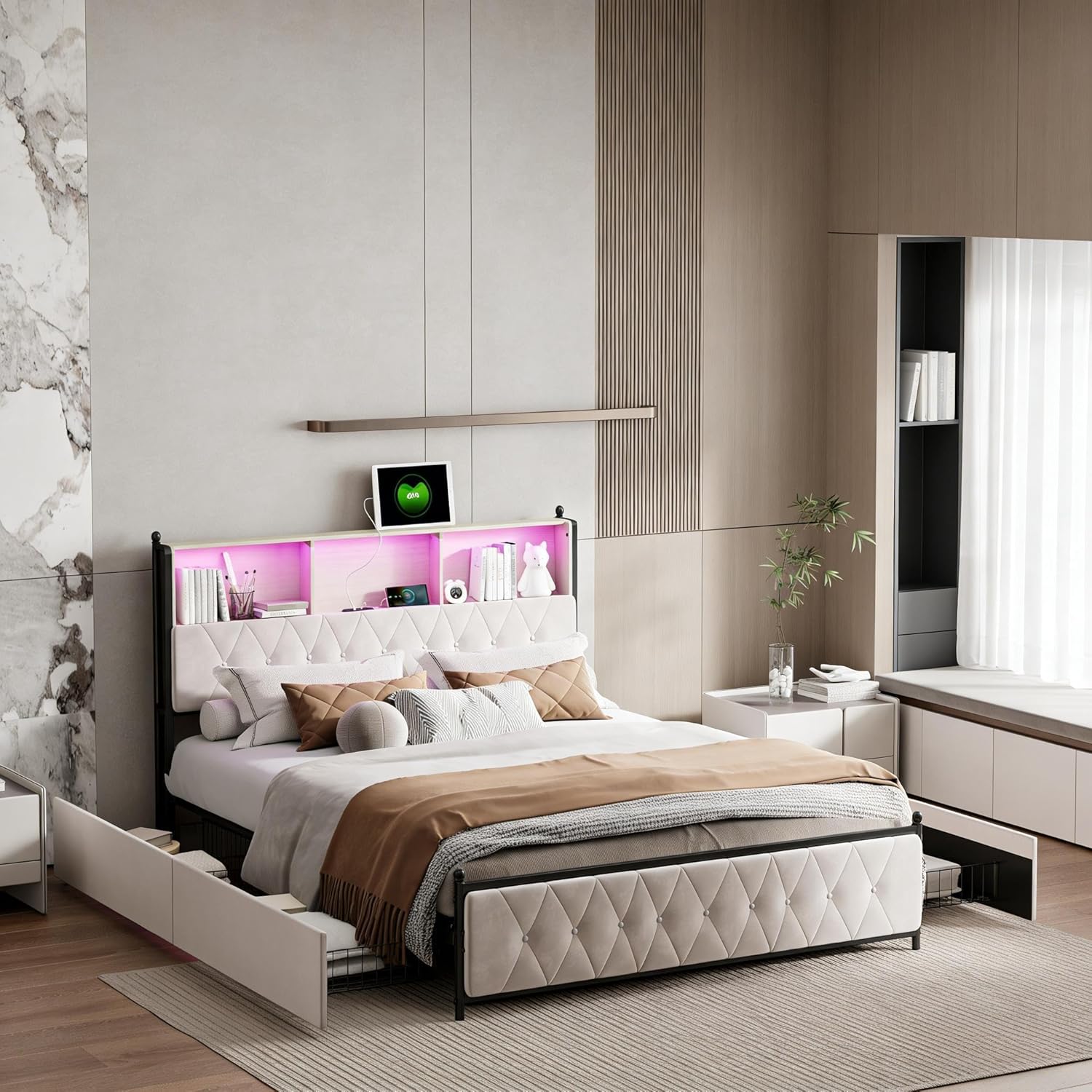 PerGar Polsterbett 140x200cm mit Stauraum, Doppelbett mit 4 Schubladen, Jugendbett mit LED Stauraum Kopfteil, Stauraumbetten, Bettgestell mit Lattenrost, Samt, Ohne Matratze, Beige