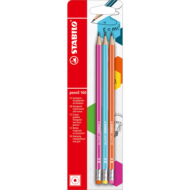 Stabilo Bleistift pencil 160, mit Radiergummi, 3 Stück, HB, assortiert