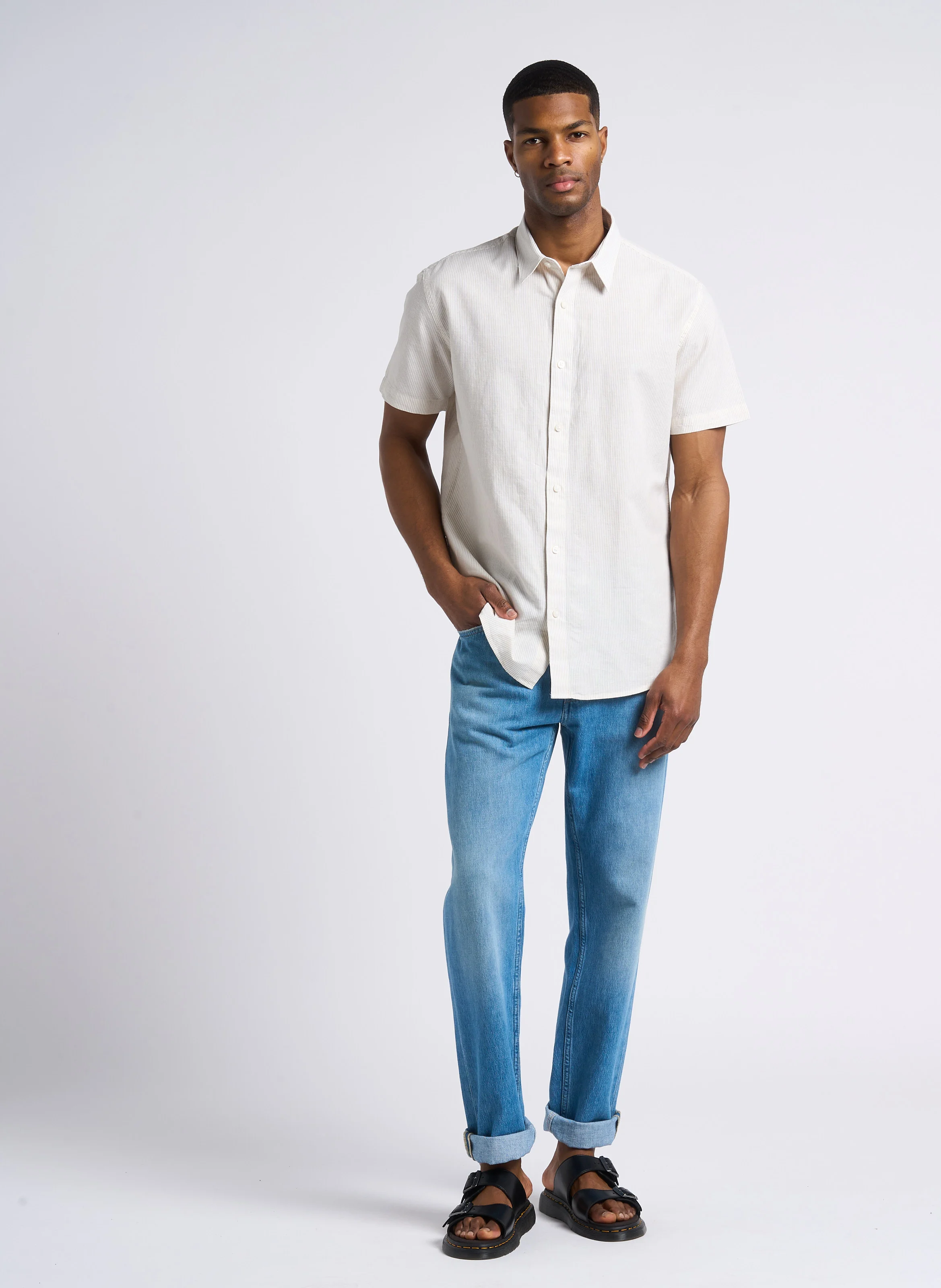 Chemise rayée en coton et lin | Beige