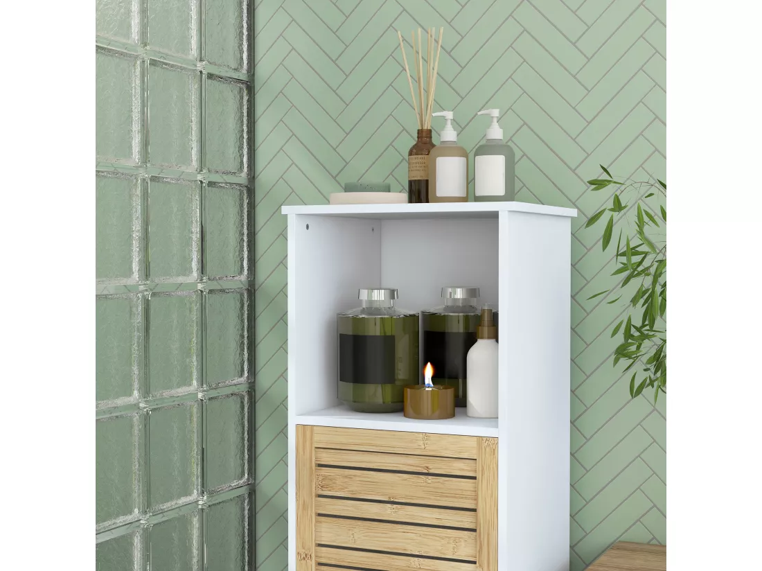 Meuble colonne salle de bain style cosy chic porte étagère niche blanc bambou