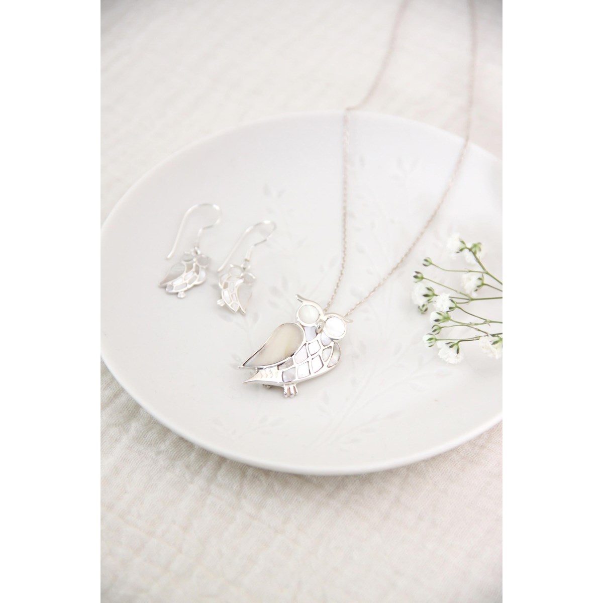 Boucles d'Oreille Hibou en Nacre Blanche & Argent 925 - Design Original | Aden